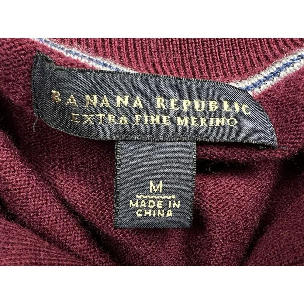 Banana Republic Sweater Mens MED Burgandy Red Merino Wool 1/4‎ Button Mock Neck